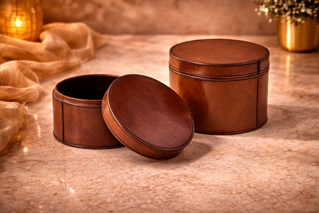 Leather and velvet round box
